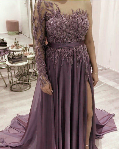 Long Chiffon Split Prom Dresses One Shoulder Lace Embroidery-alinanova