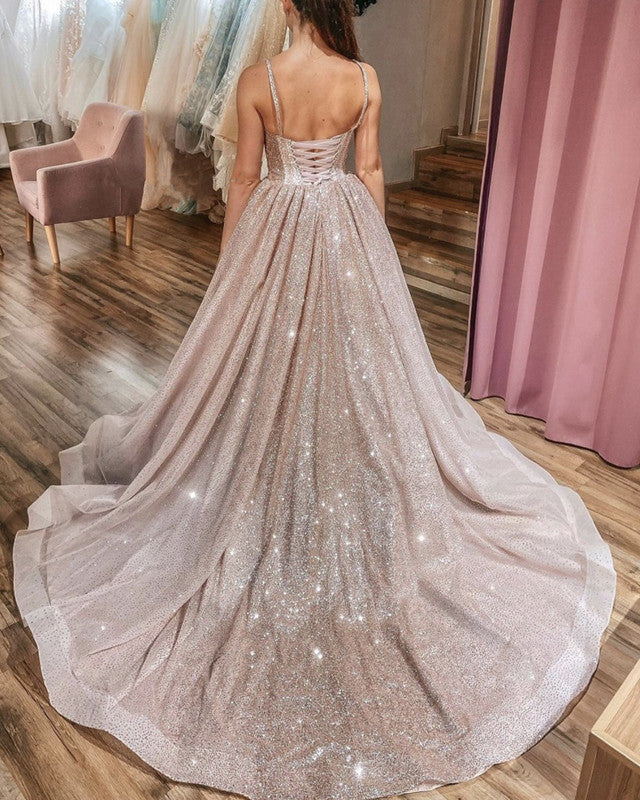 open lace back dress Sparkly Lavender Tiered Tulle A-Line Princess Prom Dresses, Evening Gown Custom Color / US8