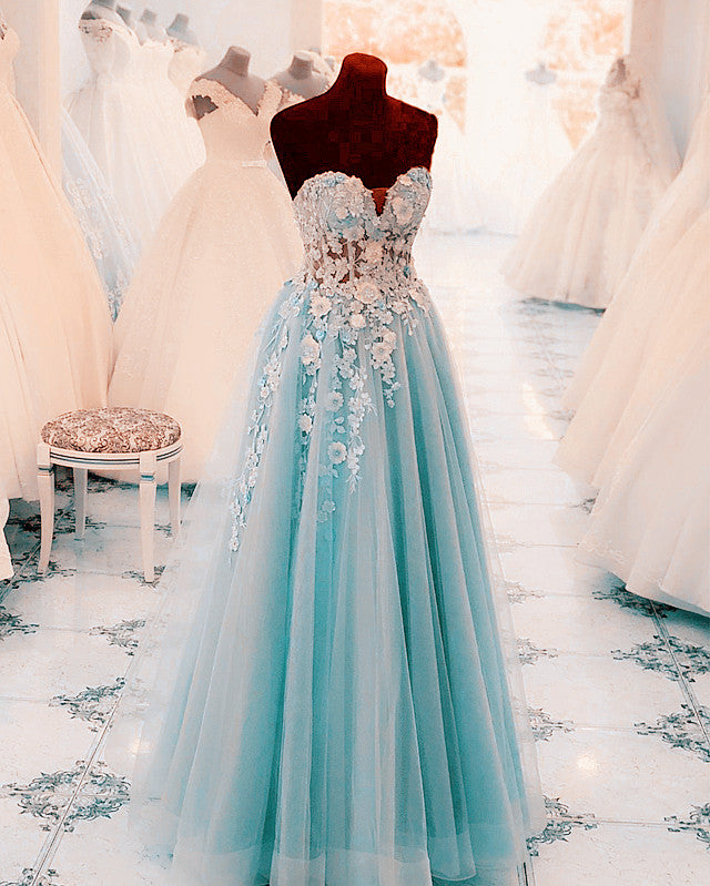 open lace back dress Light Blue Prom Dresses Tulle V Neck 3D Flowers – Lisposa main image 1