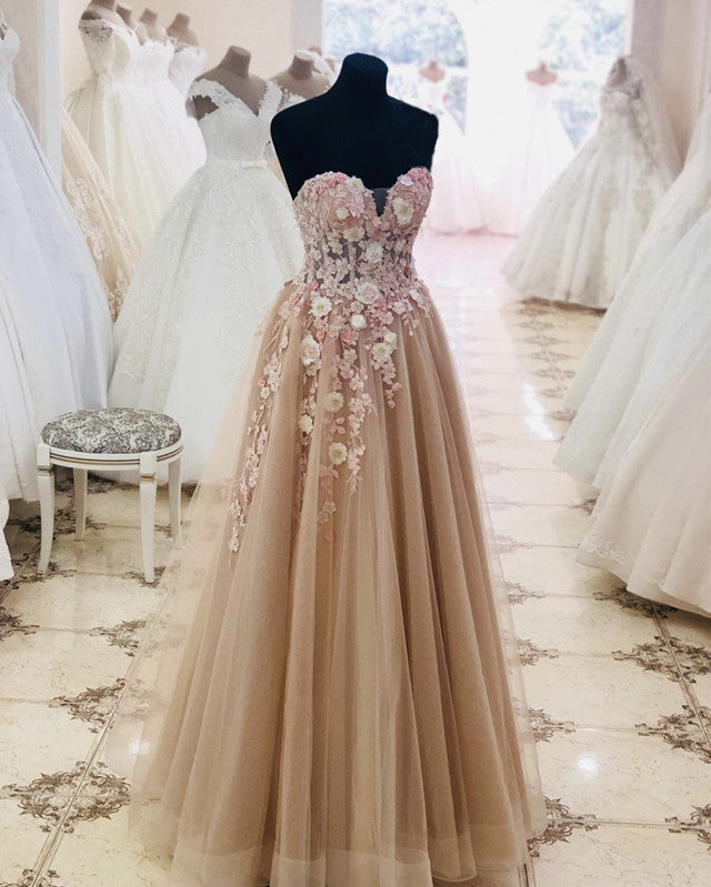 Tulle Sweetheart Prom Long Dresses With 3D Flowers Tulle Sweetheart Prom Long Dresses With 3D Flowers