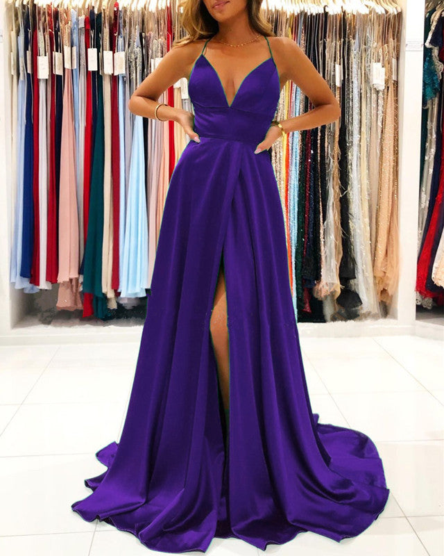 Women's Long Satin Evening Gown Leg Slit alinanova Women's Long Satin Evening Gown Leg Slit alinanova