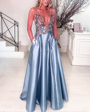 Load image into Gallery viewer, A-line/Princess Satin Prom Dresses Lace Embroidery V Neck With Pockets
