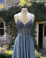 Load image into Gallery viewer, A-line V Neck Satin Beaded Gown
