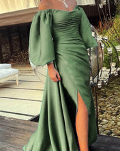 Load image into Gallery viewer, Mermaid Puffy Sleeve Sage Green Satin Dress
