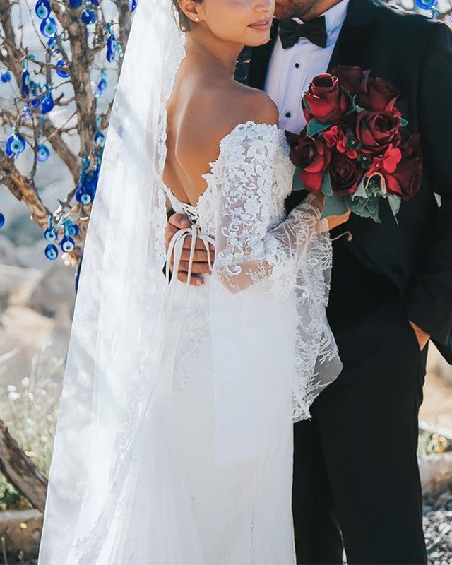 Puffy Sleeves Lace Mermaid Cottagecore Wedding Dress