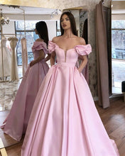 Load image into Gallery viewer, Puffy Sleeves Off Shoulder Satin Prom Dresses Ball Gowns
