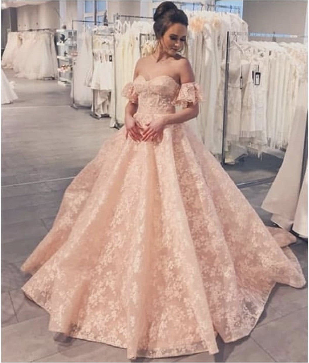 chinese dress ladies Princess Pink Tulle Long Quinceanera Dress, Puffy Prom Gown With Flowe –  cherishgirls main image 0