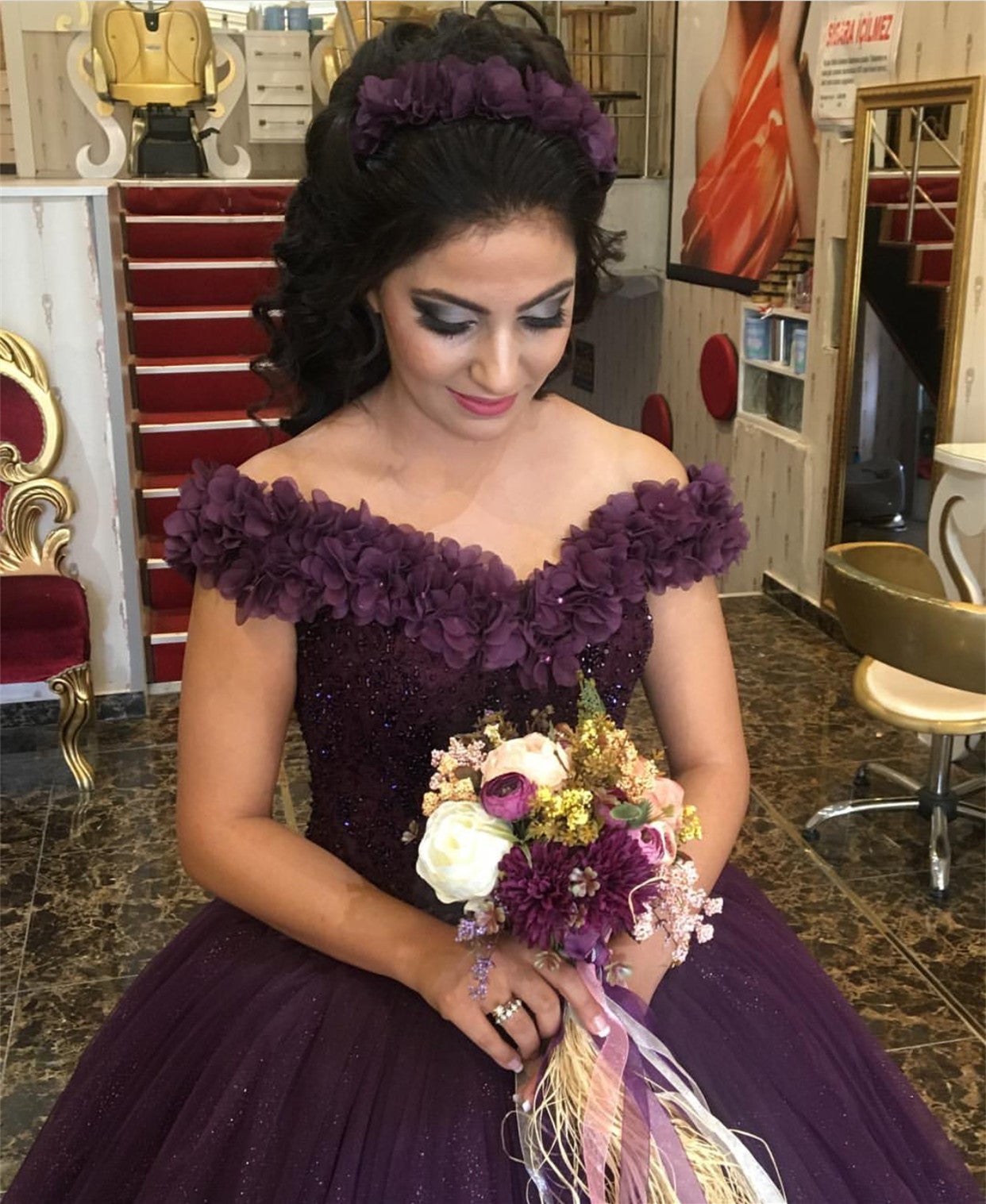 V Neck Off-the-shoulder Purple Flowers Quinceanera Dresses Ball Gown –  alinanova
