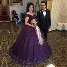 Load image into Gallery viewer, Purple Flower Wedding Dresses Ball Gown V-Neck Off The Shoulder-alinanova
