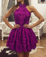 Load image into Gallery viewer, Purple Lace Homecoming Dresses Halter
