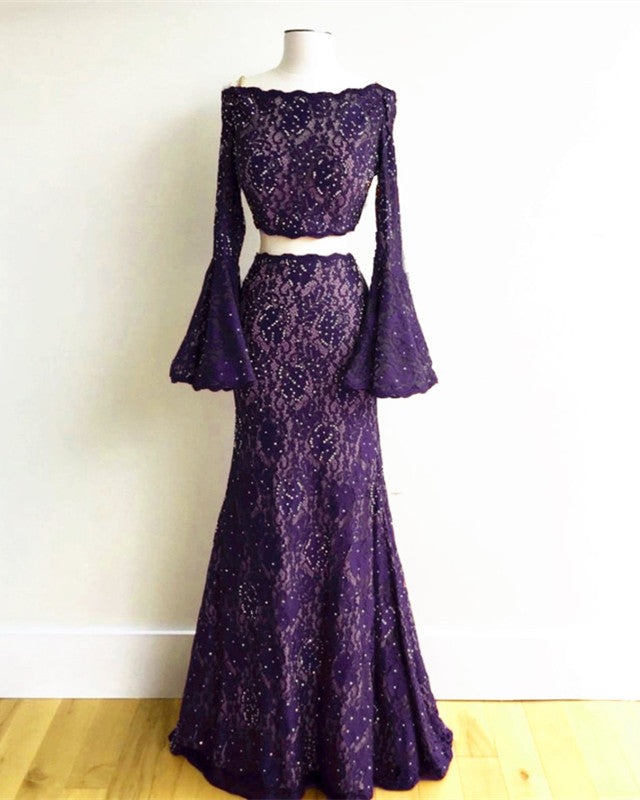 Purple Lace Two Piece Prom Dresses