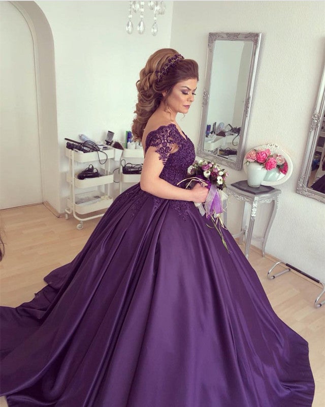 Purple Lace V-Neck Cap Sleeves Wedding Dresses Ball Gowns for Engagement Party Purple Lace V-Neck Cap Sleeves Wedding Dresses Ball Gowns for Engagement Party