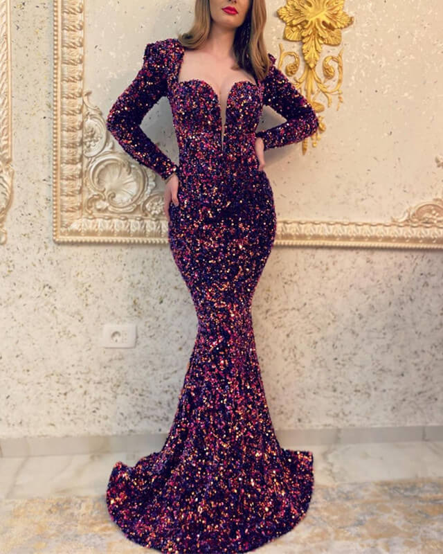 Purple Mermaid Sequin Long Sleeve Prom Dresses Purple Mermaid Sequin Long Sleeve Prom Dresses