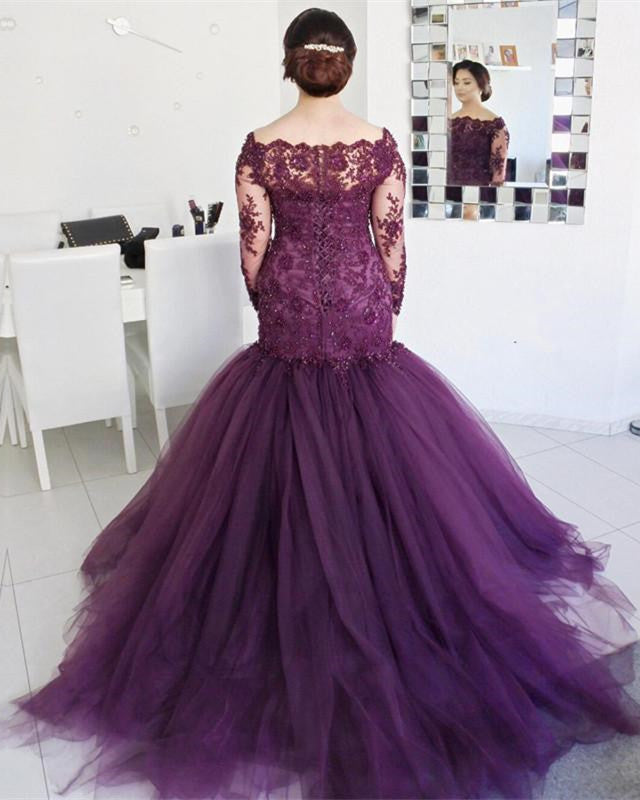 Lace Long Sleeves Mermaid Evening Dresses Off Shoulder alinanova