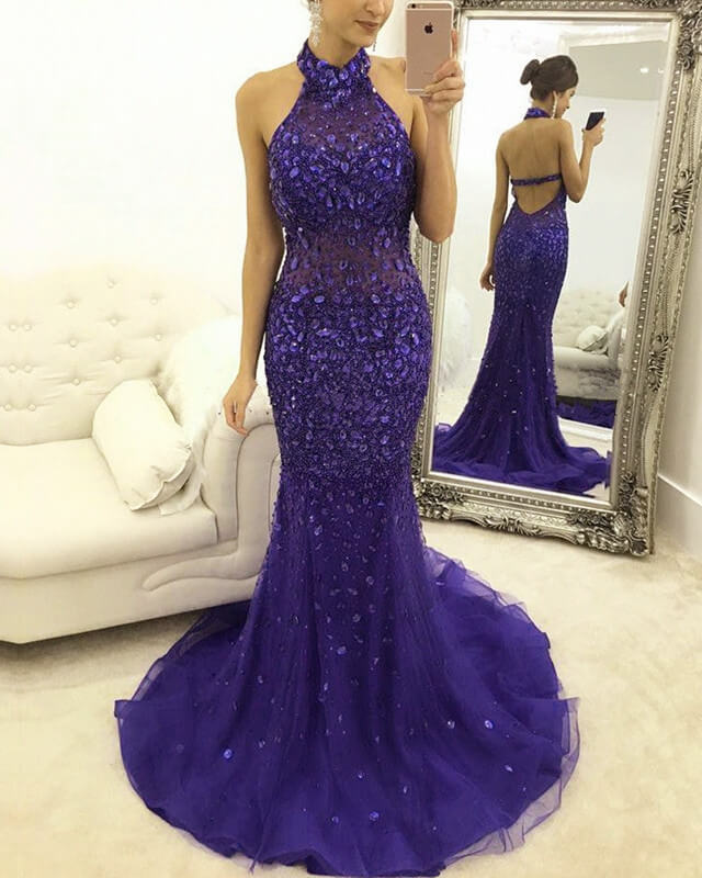 Purple Mermaid Prom Dresses Halter