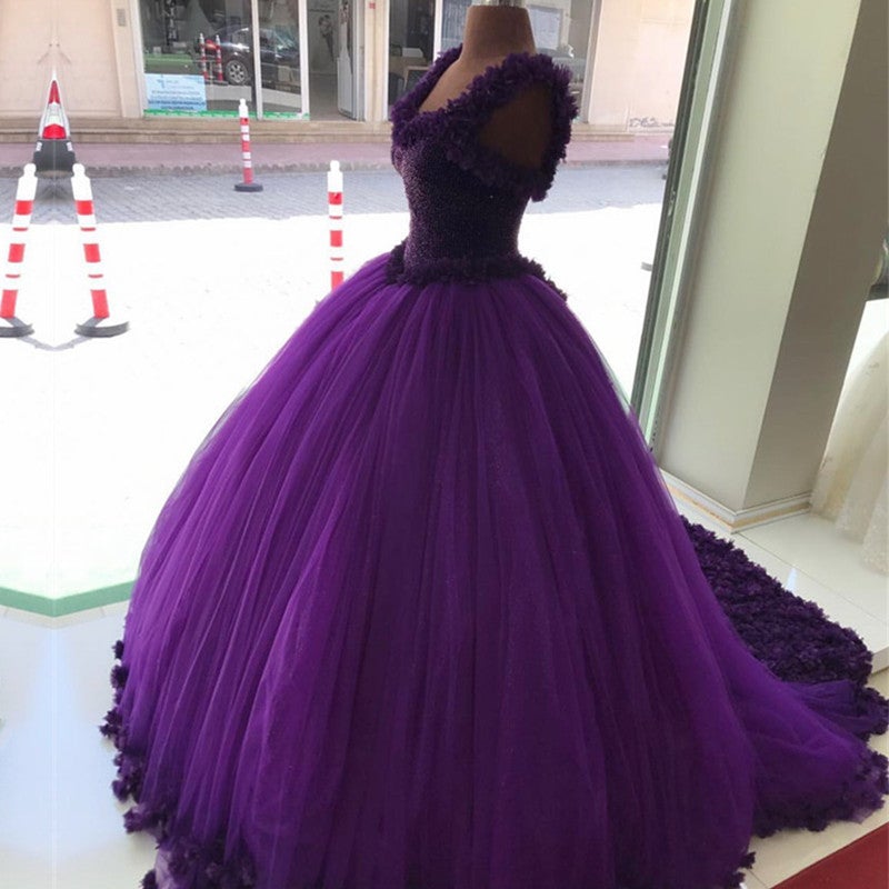 Purple Tulle Ball Gowns Flower Wedding Dresses Crystal Beaded Bodice-alinanova
