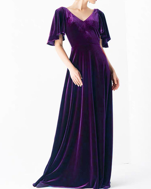 High V-Neck Velvet Bridesmaid Dresses With Sleeves