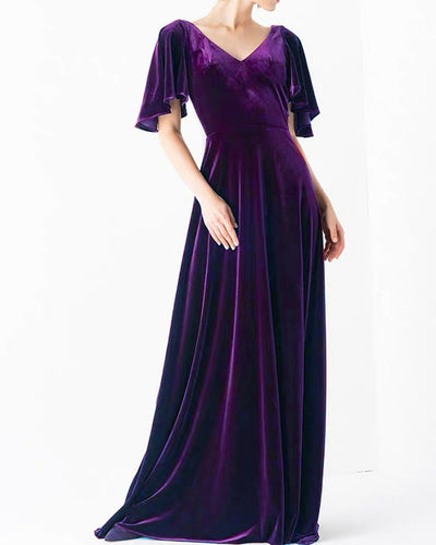 Purple Velvet Bridesmaid Dresses With Sleeves
