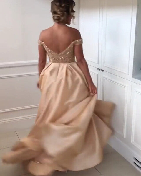 sequin v-neck bridesmaid dress with satin piping Cicinia Deep V-neck Side Slit Soft Satin Bridesmaid Dress, Champagne
