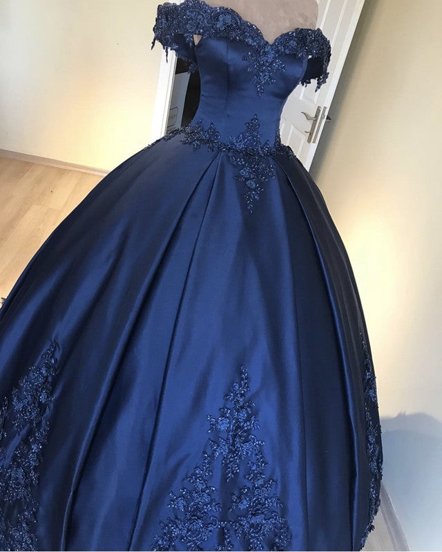 navy blue quince dress with silver Gorgeous Ball Gown Off-Shoulder Lace Beaded Satin Dress