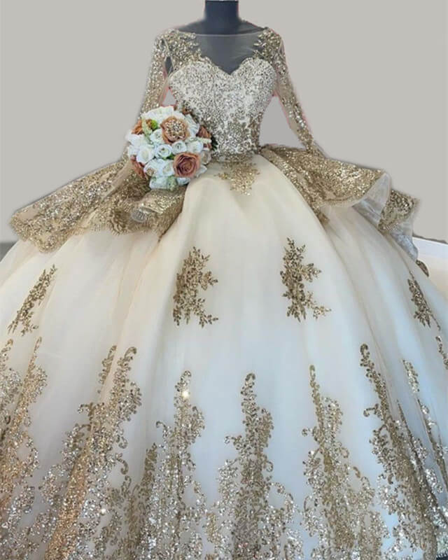 Ball Gown Long Sleeve Quinceanera Dresses With Gold Lace Ball Gown Long Sleeve Quinceanera Dresses With Gold Lace