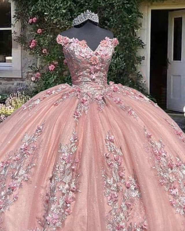 Light Pink Off Shoulder Quinceanera Dresses With 3D Flowers  alinanova