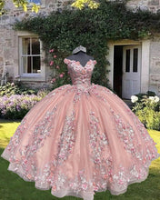 Load image into Gallery viewer, Light Pink Off Shoulder Quinceanera Dresses With 3D Flowers
