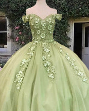 Load image into Gallery viewer, Sage Ball gown 3d Flowers Off The Shoulder Dress
