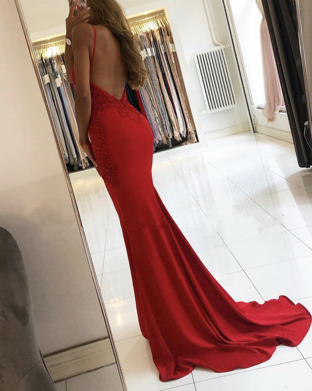 Elegant V Neck Appliques Satin Mermaid Open Back Dresses