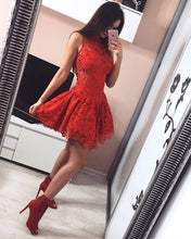 Load image into Gallery viewer, Red Lace Homecoming Dresses High Neck
