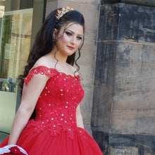 Load image into Gallery viewer, Red Lace Off Shoulder Tulle Ball Gowns Wedding Dresses
