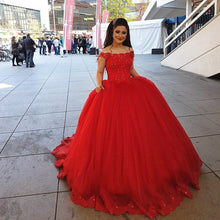 Load image into Gallery viewer, Red Lace Off Shoulder Tulle Ball Gowns Wedding Dresses-alinanova
