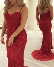 Load image into Gallery viewer, Red Lace Prom Dress Mermaid Spaghetti Straps
