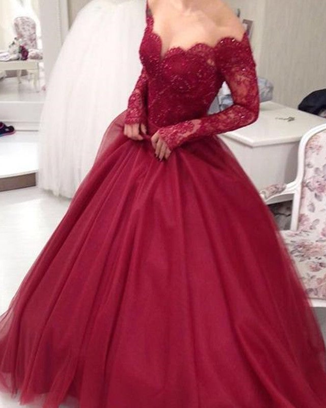 long sleeve burgundy quinceanera dresses Off-the-shoulder Long Sleeves Lace Appliques Burgundy Quince Dresses