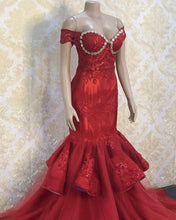Load image into Gallery viewer, Red Mermaid Appliques Prom Dresses Off Shoulder
