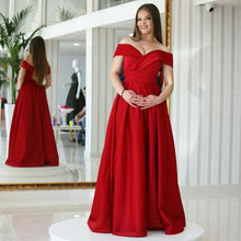 Load image into Gallery viewer, Red Satin Long V Neck Prom Dresses Ball Gowns
