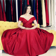 Load image into Gallery viewer, Red Satin Long V Neck Prom Dresses Ball Gowns
