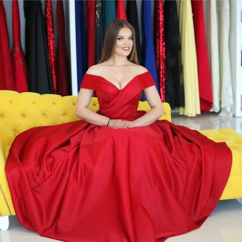 Red Satin Long V Neck Prom Dresses Ball Gowns 2018-alinanova