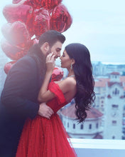 Load image into Gallery viewer, Red Tulle  Off The Shoulder Long Prom Evening Dresses Pearl Beaded
