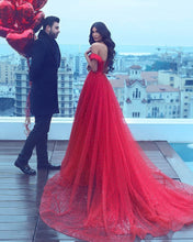 Load image into Gallery viewer, Red Tulle  Off The Shoulder Long Prom Evening Dresses Pearl Beaded
