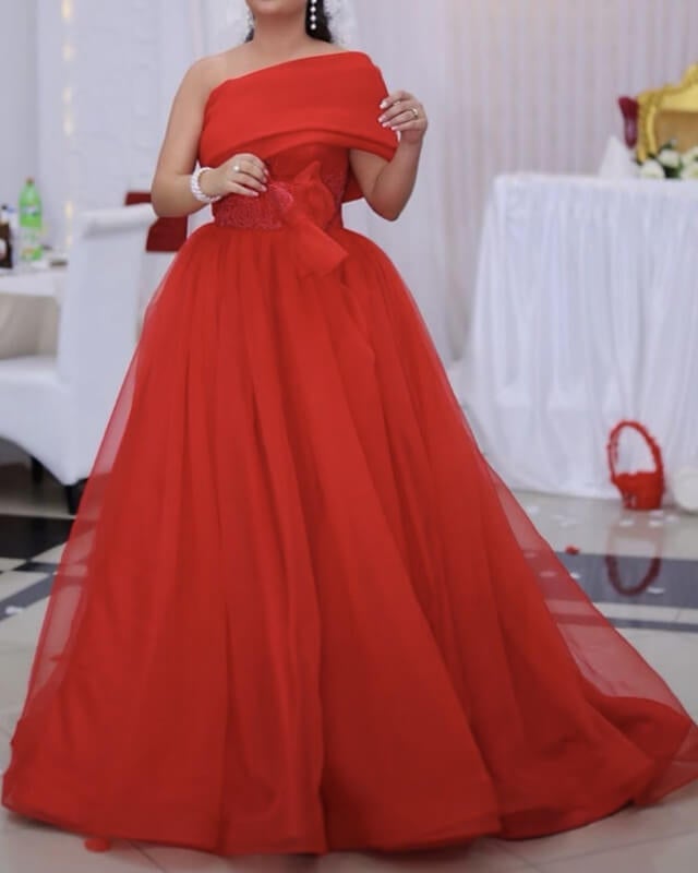 Red Tulle Wedding Dresses One Shoulder-alinanova