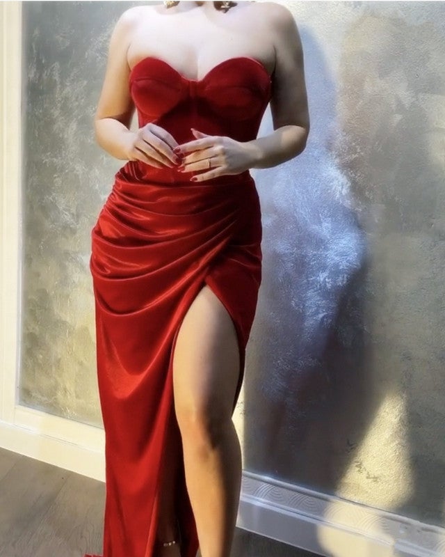 dresses red velvet Red Velvet Split Corset Prom Dresses