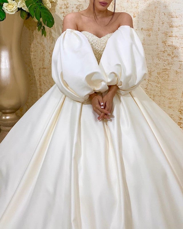 Removable Sleeves Wedding Dress Ball Gown Sweetheart Pearl Beaded-alinanova