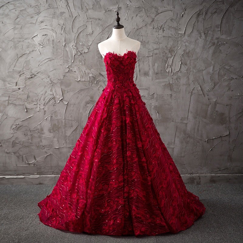 Romantic Burgundy Lace Embroidery Sweetheart Wedding Dresses Princess-alinanova