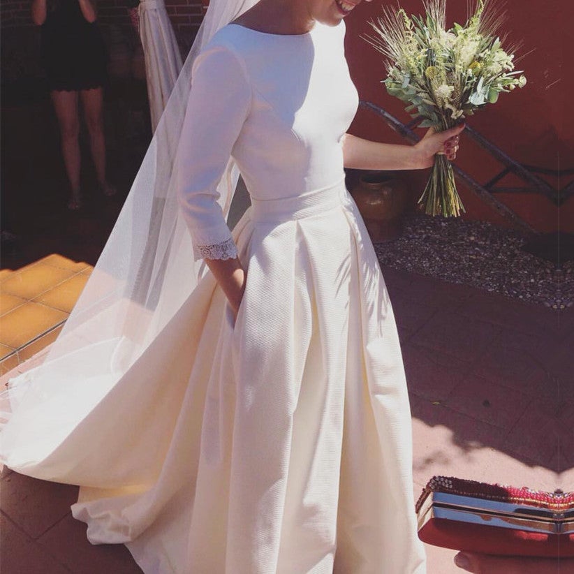 Romantic Satin Wedding Dresses A-line Long Sleeves Open Back  alinanova