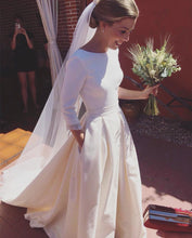 Load image into Gallery viewer, Romantic Satin Wedding Dresses A-line Long Sleeves Open Back
