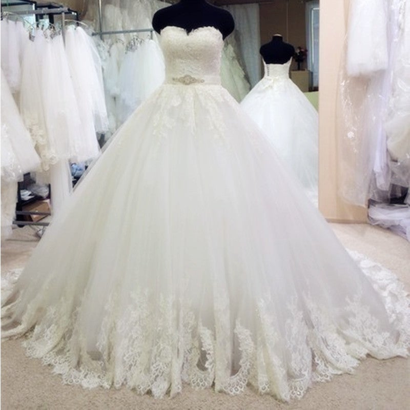Romantic Sweetheart Crystal Beading Sashes Lace Wedding Dresses Ball Gown-alinanova