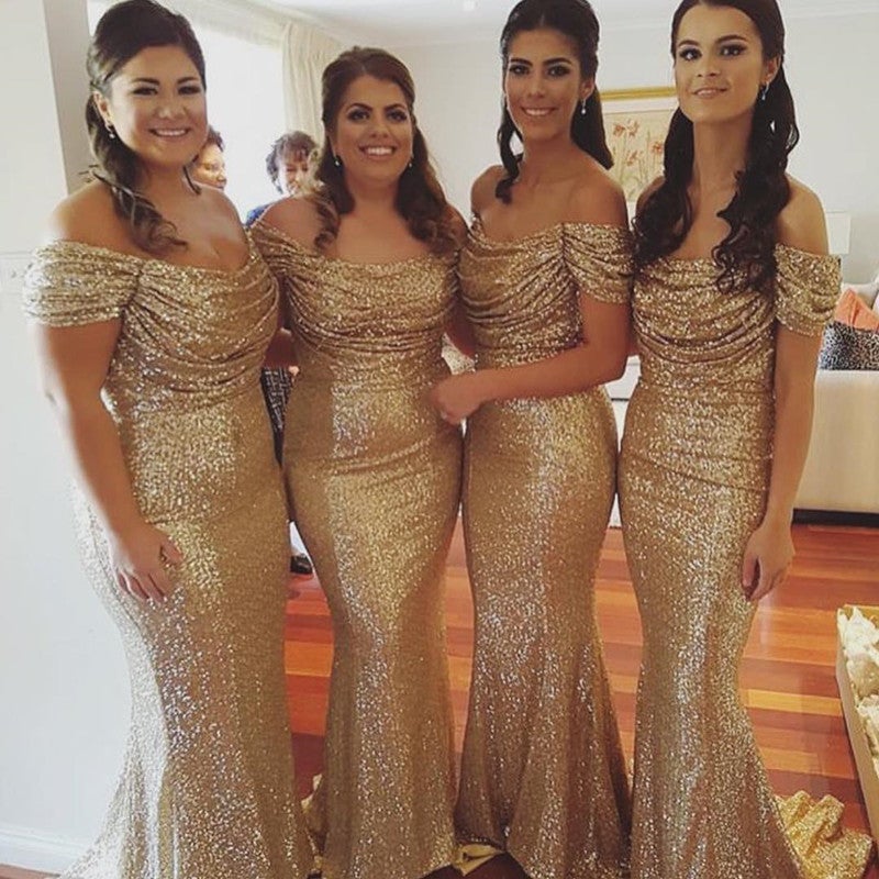 Rose Gold Sequin Bridesmaid Dresses Mermaid Off The Shoulder – alinanova
