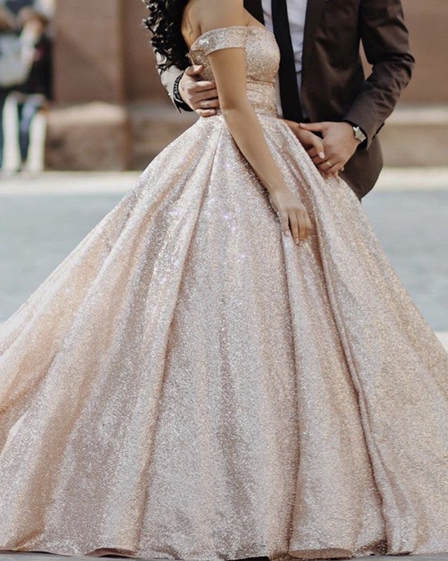 Rose Gold Sequin Ball Gown Dresses Off-the-shoulder Rose Gold Sequin Ball Gown Dresses Off-the-shoulder