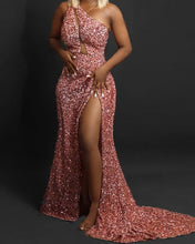 Load image into Gallery viewer, Rose Gold Sequin One Shoulder Prom Dresses
